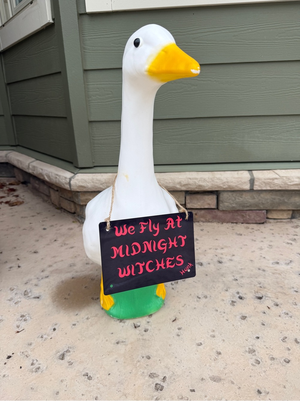 Porch goose sign only. Funny Halloween sign saying Ee fly at midnight witches.